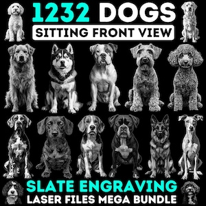 Leisteen graveerbestanden honden complete rassen zittende pose Laserklaar PNG-bestanden voor gravure, CNC, Lightburn, digitale downloads Commercieel gebruik