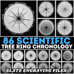 May include: A collection of grayscale images showcasing cross-sections of tree trunks, highlighting the annual growth rings. The images are arranged in a grid, with the text "86 SCIENTIFIC TREE RING CHRONOLOGY" and "SLATE ENGRAVING FILES" displayed below.