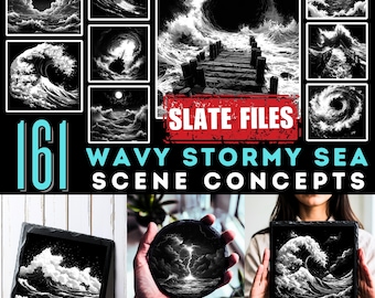 Slate engrave files Wavy Stormy Sea Scene Concepts Png & Jpeg laser ready engraving art set instant downloads