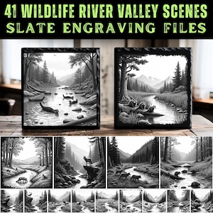 Puede incluir: Grabados en pizarra en blanco y negro con escenas de valles fluviales y fauna. La imagen muestra dos grabados en pizarra enmarcados con ilustraciones detalladas de animales y paisajes. El texto en la parte superior dice "41 WILDLIFE RIVER VALLEY SCENES SLATE ENGRAVING FILES."
