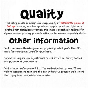 May include: White background with the word "Quality" in large, bold, black font. Below, text describes image quality, print optimization, and customization options for apparel and other products.