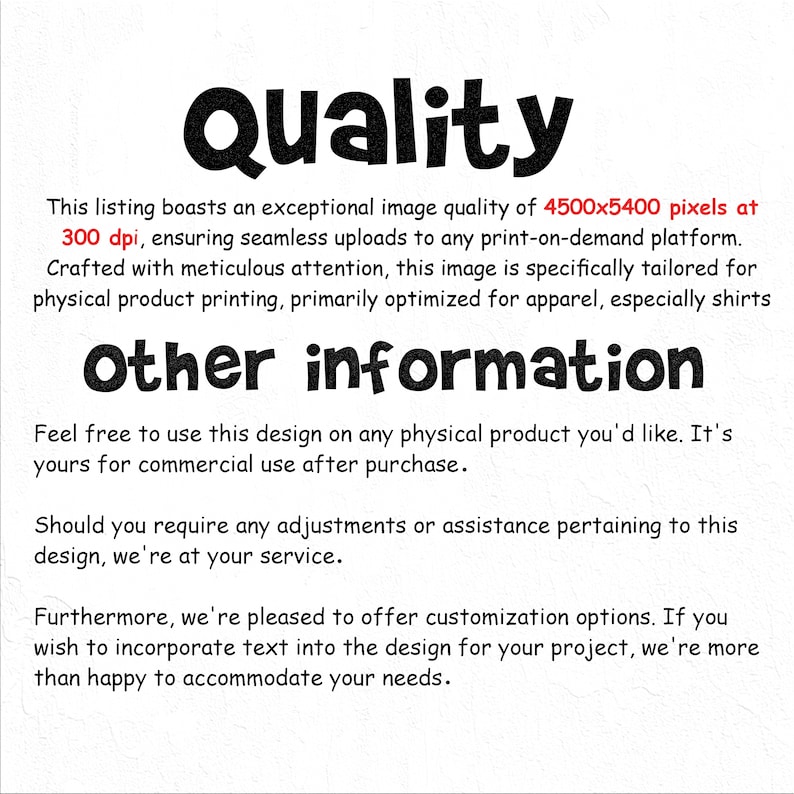 May include: White background with the word "Quality" in large, bold, black font. Below, text describes image quality, print optimization, and customization options for apparel and other products.