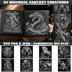 May include: A digital collection of 30 medieval fantasy creature illustrations featuring dragons, fairies, unicorns, and monsters. The black and white graphic designs are provided in SVG, PNG, and JPEG file formats for commercial use projects.