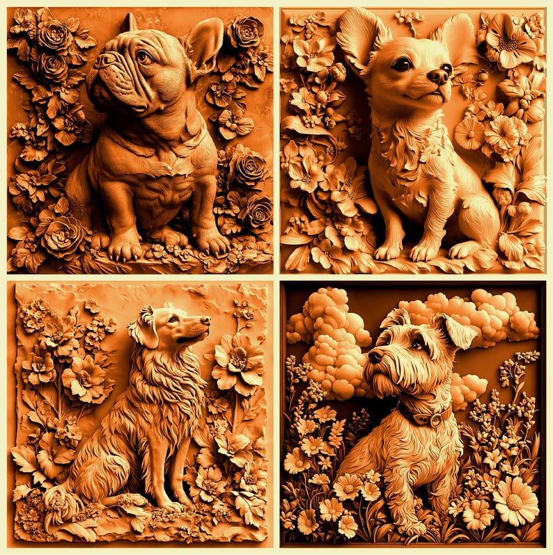 May include: Four square panels featuring dog sculptures surrounded by floral elements. The dogs include a French bulldog, a Chihuahua, a Golden Retriever, and a Schnauzer. The sculptures are in shades of brown and beige.