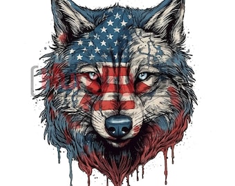 Wolf PNG printable high quality sublimation design- mixed with distressed USA flag graphic instant digital downloads