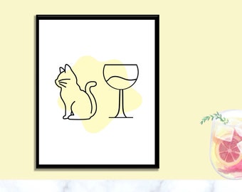 Wine and Cat Poster - Yellow. Digital Download. Minimalist. Modern. Wall Art (multiple sizes)