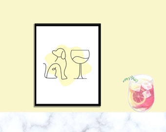 Wine and Dog Poster - Yellow. Digital Download. Minimalist. Modern. Wall Art (4x5, 4x6, 6x8, 11x14 + sizable to fit needs)