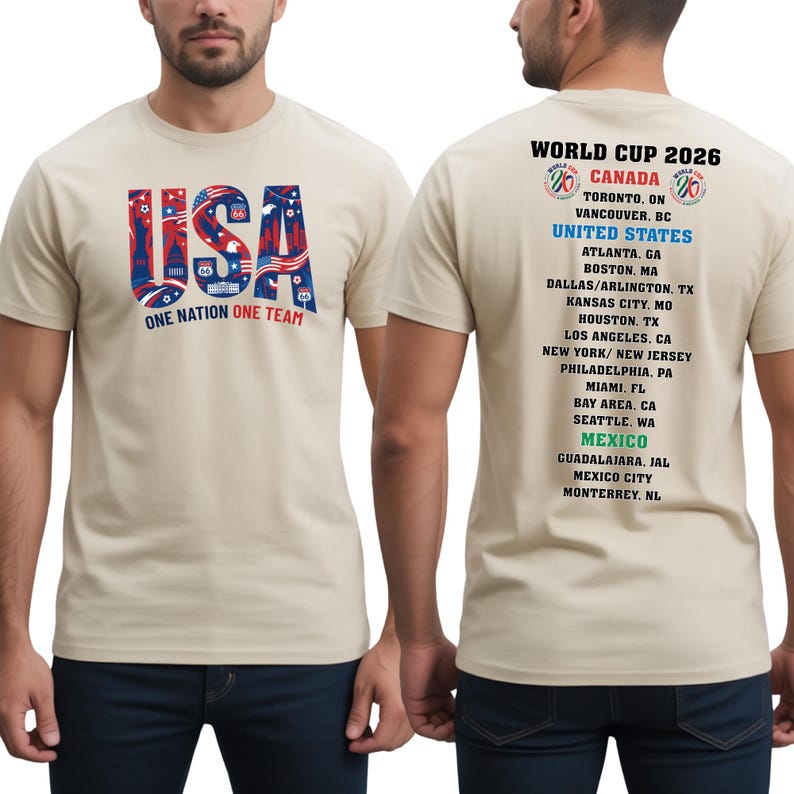 a man wearing a t-shirt with a design that includes the text "USA" and "One Nation, One Team" along with a list of locations from the World Cup.