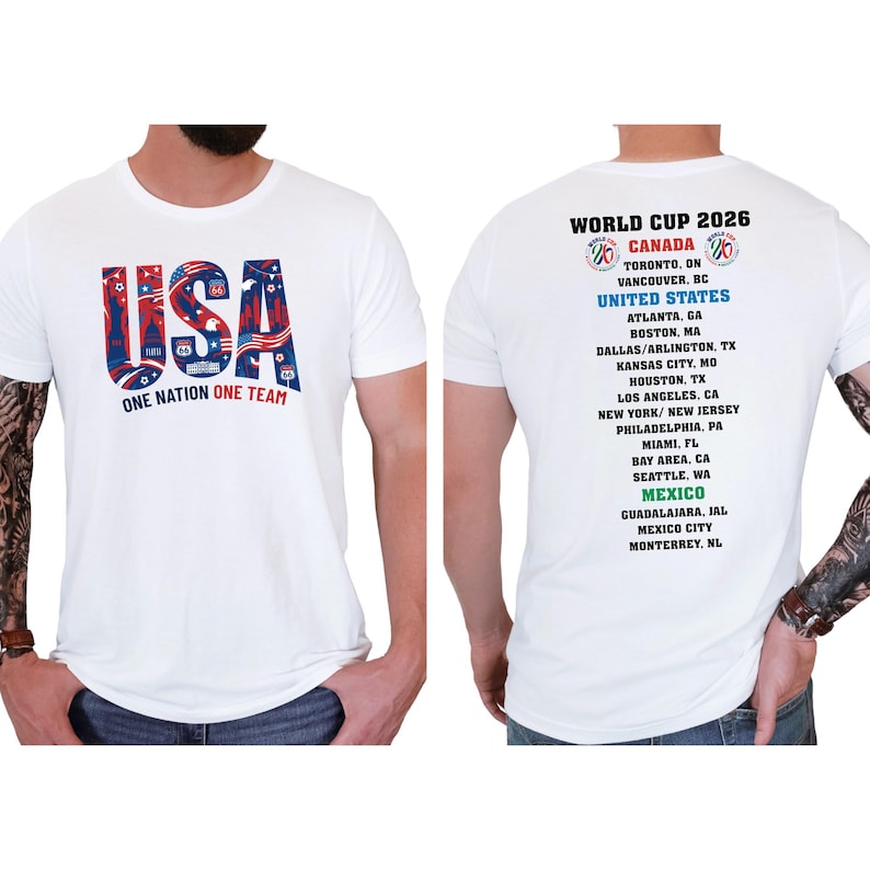 a white t-shirt with text and graphics related to the World Cup of 2026.