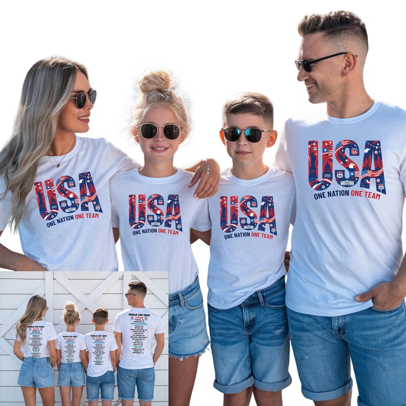 A group of four people, two men and two women, wearing matching white t-shirts with the text "USA ONE NATION ONE TEAM" printed on them.