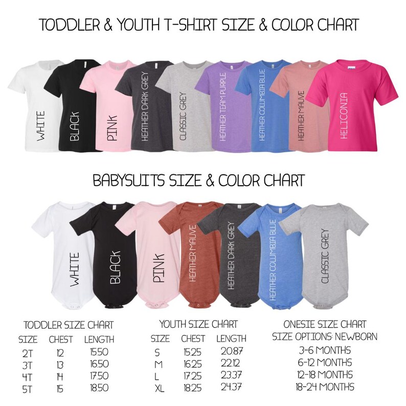 a collection of children's t-shirts in various sizes and colors, along with size and color charts for each type of t-shirt.