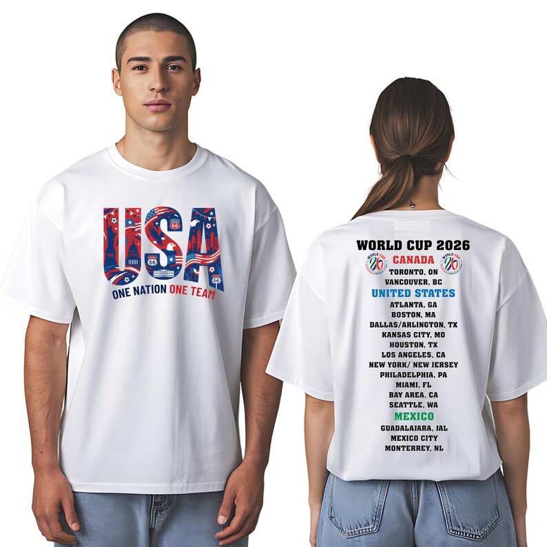 A man wearing a white t-shirt with the text "USA" and "One Nation, One Team" printed on it, along with a list of locations and dates for the World Cup of 2026.