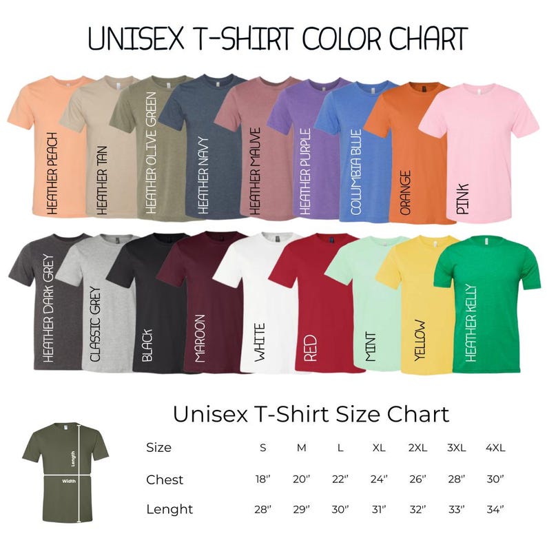 The image is a color chart for unisex t-shirt sizes, displaying various color options and corresponding sizes.