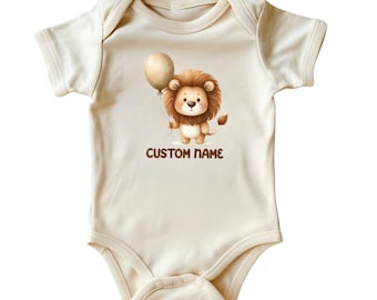 Personalized Lion Baby Bodysuit • Natural Color Baby Clothing • Brown Ink • Newborn Baby Clothing • Cute Lion Baby Onesie®