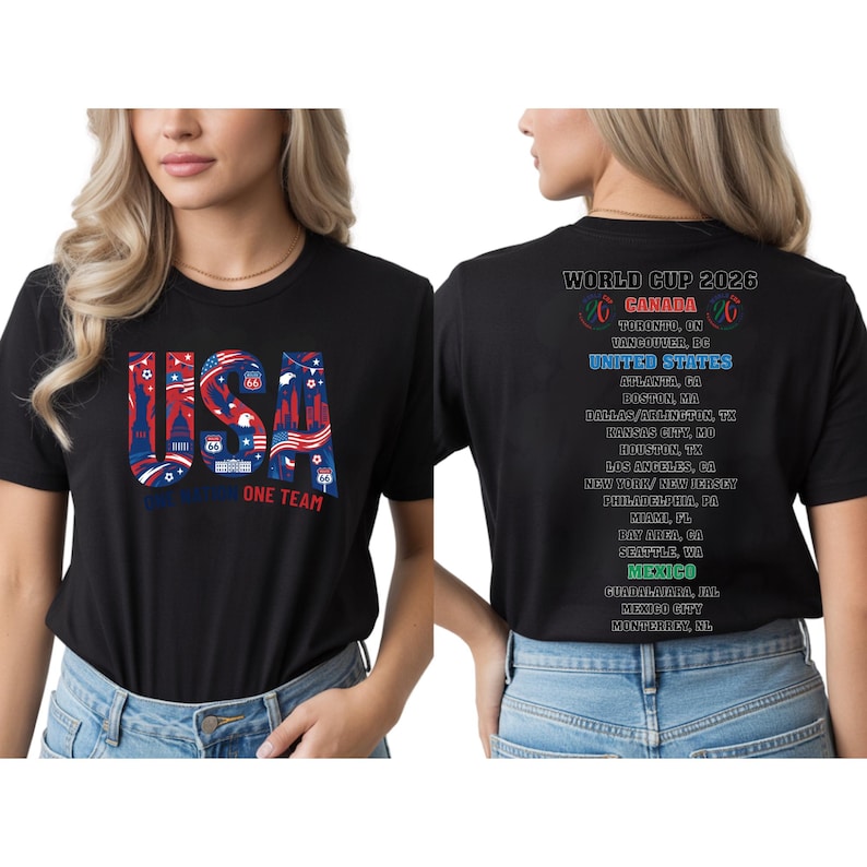 a woman wearing a black t-shirt with a graphic design on the front and text on the back.