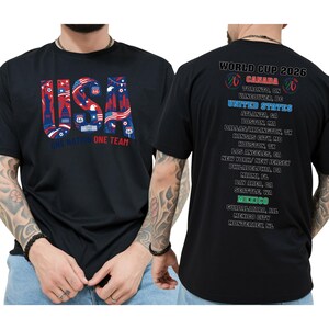 A black t-shirt with text and graphics on the front and back.