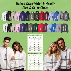 The image is a color chart for a unisex sweatshirt and hoodie, displaying various sizes and colors. It includes a photo of a man and a woman posing in front of the chart, along with the chart itself.