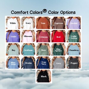 The image is a collage of various colored tops, including white, ivory, yam, espresso, orchid, light green, green, red, pink, blue, moss, bay, sea foam, true navy, denim, grey, and black.