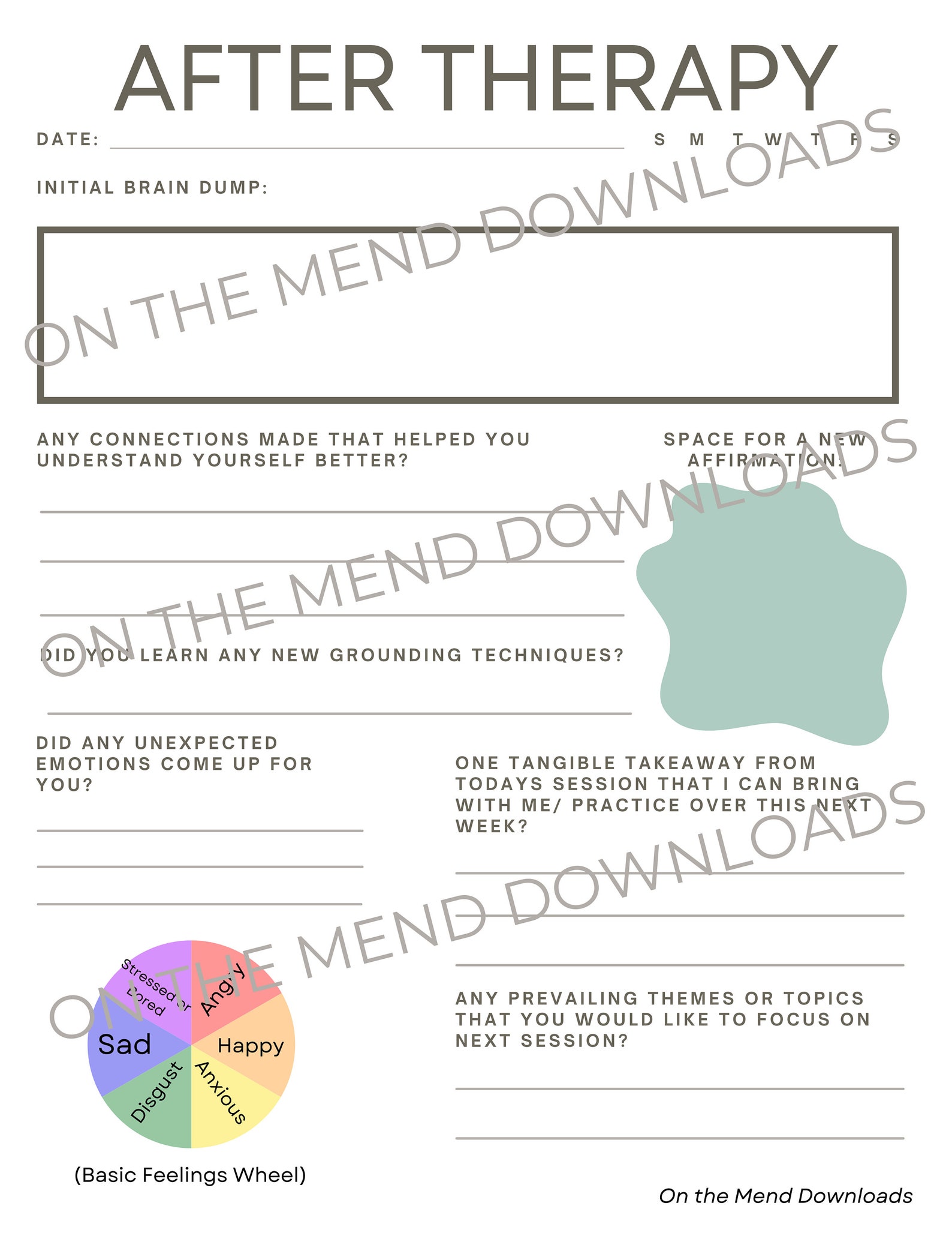 After Therapy Worksheet Etsy