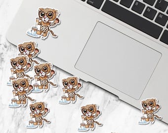 Standing Leopard Sticker, Leopard with Coffee Sticker, Double Coffee Sticker, Laptop Sticker, Cute Leopard Sticker, Water Resistant Sticker