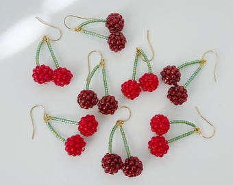 Beaded Cherry Earrings | charm, unique, quirky, beadwork, fruit, garden