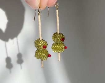 Beaded Martini Olive Garnish Earrings | charm, unique, quirky, beadwork, cocktail, dirty, new years
