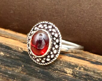 Ruby Gemstone Ring | Vintage Inspired Design Ring | Intricate Detailing Jewelry | Elegant and Unique Statement Ring | Handmade Brass Jewelry