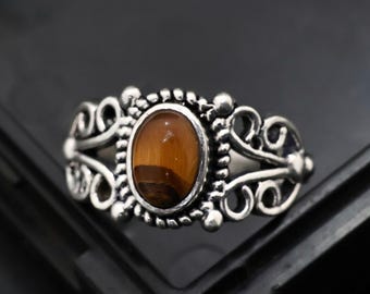 Oval Tiger’s Eye Gemstone Ring | Sterling Silver Plated Ring | Vintage Inspired Intricate Ring | Handmade Boho Ring | Jewelry for Women