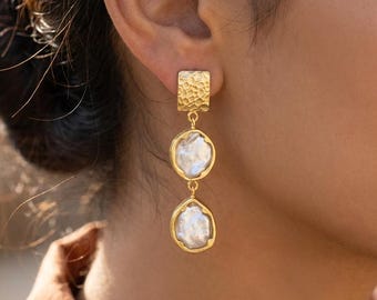 Hammered Gold-Plated Brass Dangle Earrings with Mother of Pearl | Boho Statement Jewelry