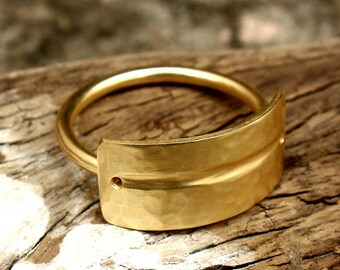 Handcrafted Hammered Brass Ring: 18k Gold Plated Wide Band Statement Ring