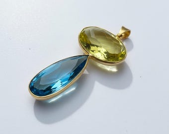 Colgante de topacio azul citrino, latón chapado en oro de 18 quilates, joyería con gema ovalada en forma de pera.