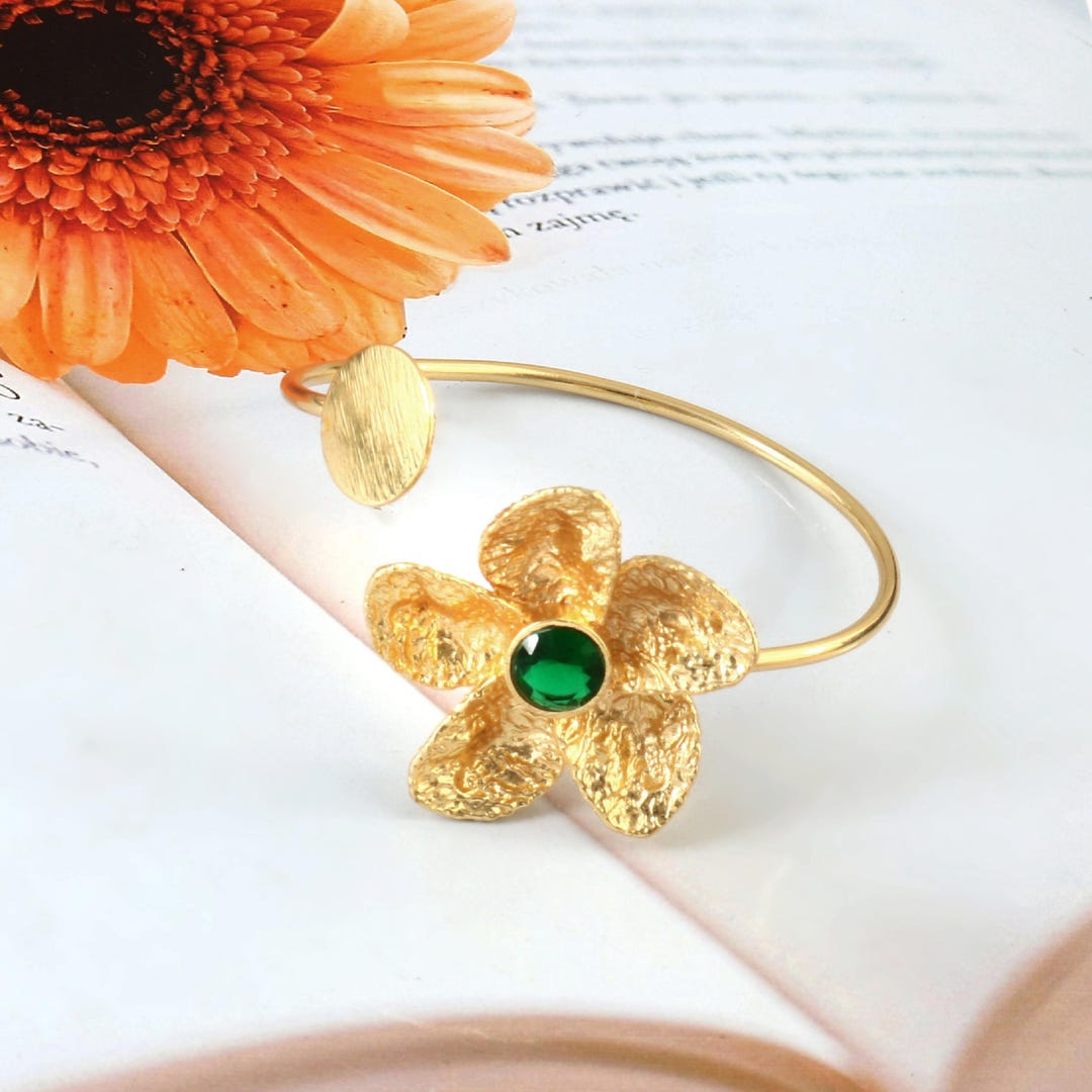 Gold Flower Cuff Bracelet: Green Crystal Botanical Bangle - Etsy