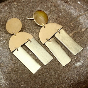 Modern Brass Geometric Dangle Earrings – Handmade Statement Earrings with Circle & Arch Shapes, Art Deco-Inspired Jewelry, Matte Gold Finish