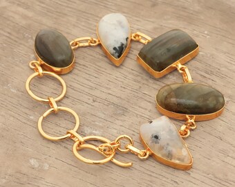 Handmade Labradorite Moonstone Bracelet, 18K Gold Plated Brass Jewelry