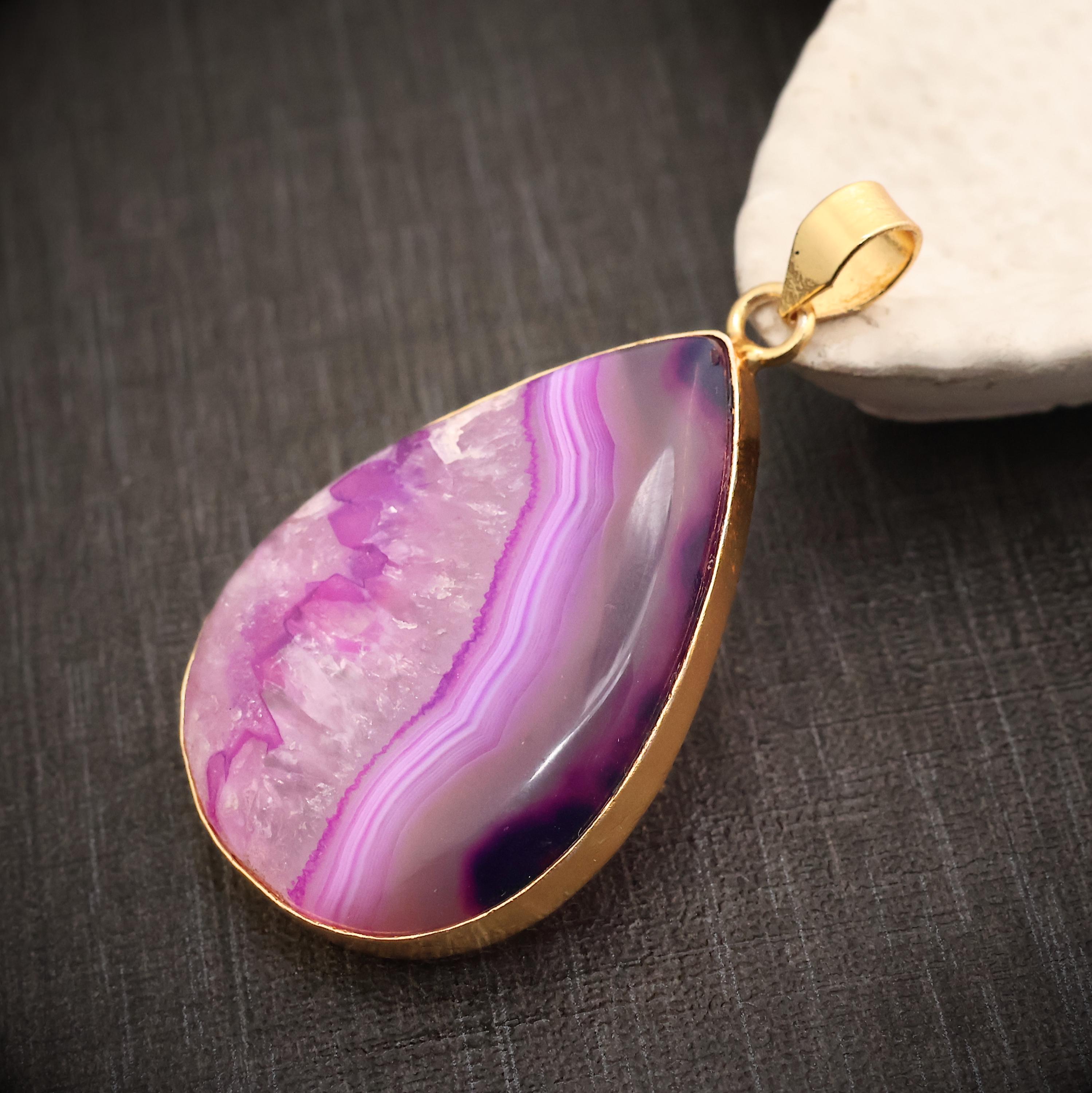 Pink Banded Agate Pendant | 18k Gold Plated Pendant | Handmade Brass ...