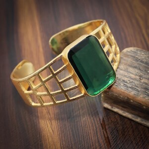 18K Gold Plated Emerald Quartz Cuff Bangle, Geometric Statement Bracelet, Handmade Jewelry