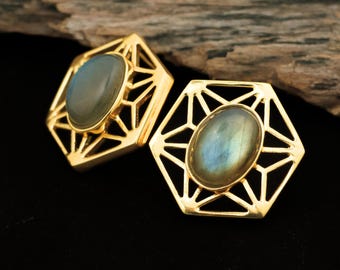 Geometric 18k Gold plated Earrings with Labradorite Stone - Elegant Modern Design