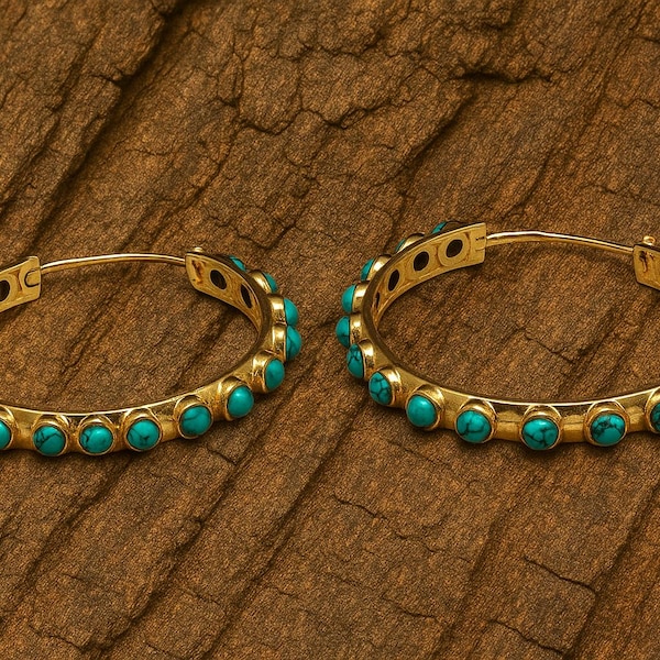 Turquoise Hoop Earrings Gold Plated | Handmade Boho Chic Earrings | Elegant Statement Jewelry | Unique Brass and Turquoise Earrings