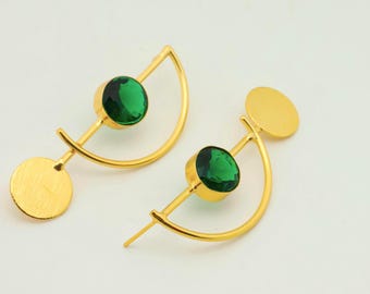 18K Gold Plated Emerald Crystal Hoop Earrings – Modern Geometric Design