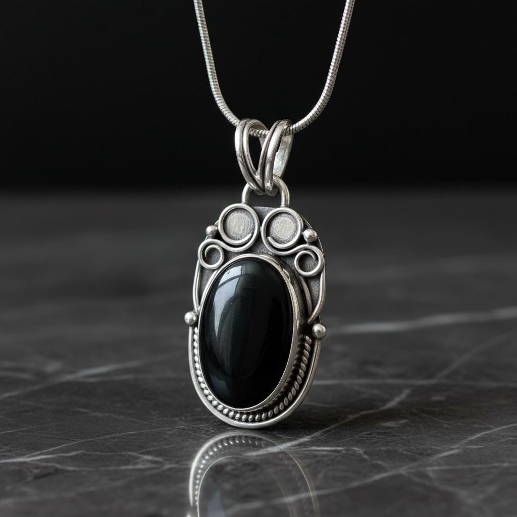 Handmade Black Obsidian Pendant, Silver Plated Brass, Oval