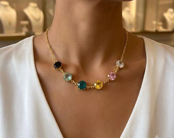 18K Gold Plated Multi-Color Gemstone Necklace | Elegant Everyday Jewelry