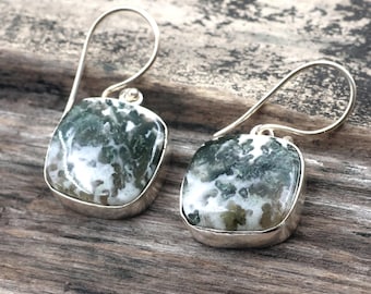 Handmade Moss Agate Earrings in Silver Filled - Gemstone Jewelry Drop Earrings - Gift for Woman