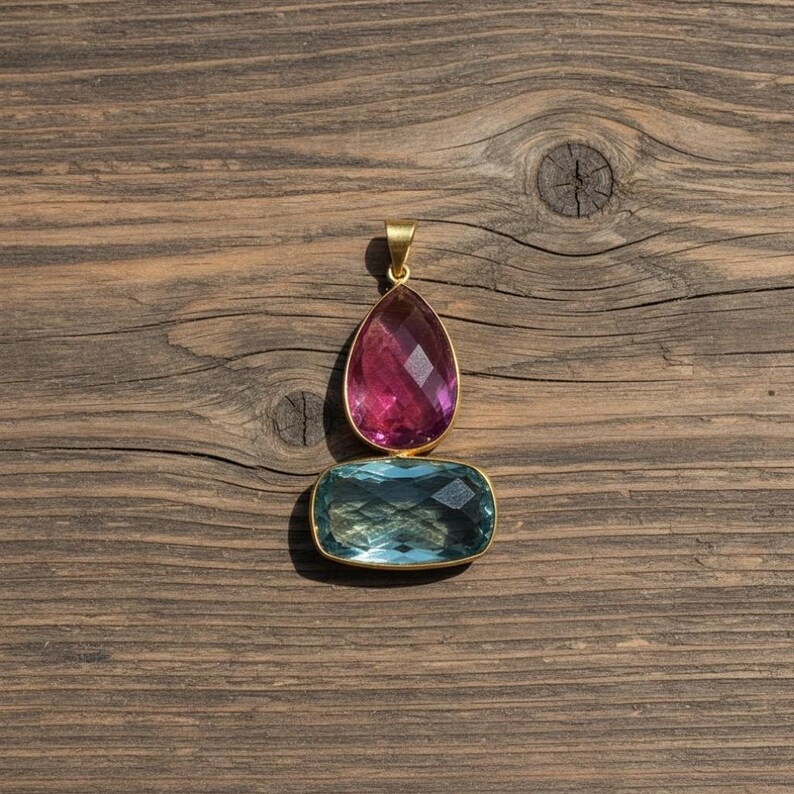 Buy Pink Ruby Quartz Blue Topaz Pendant, Gold-plated Brass Necklace ...