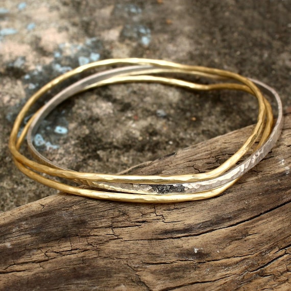 Hammered Bangle Set - Gold & Silver Stackable Bracelets - Rustic Bohemian Bangles - Artisan Textured Jewelry - Handmade Gift for Her
