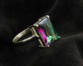 Rainbow Mystic Topaz Ring | Silver Plated Ring | Large Emerald-Cut Gemstone Ring | Unique Statement Jewelry | Women Brass Ring Gift