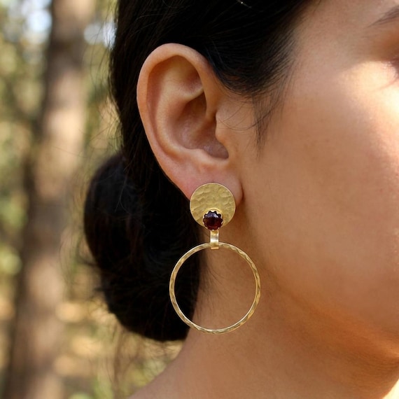 Garnet Hammered Gold Hoop Earrings | Artisan Statement Dangle Earrings | Bohemian Textured Brass Jewelry | Birthstone Jewelry | Gift for Her