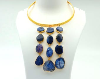 Elegante statementketting blauwe agaat met vergulde details | Klassiek en tijdloos ontwerp | Cadeau voor haar | Ketting voor gelegenheden