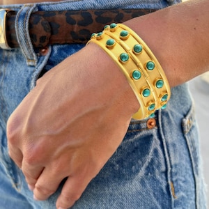 Gold Cuff Bangle Bracelet with Turquoise Stone Accents Handmade cuff – Statement Jewelry