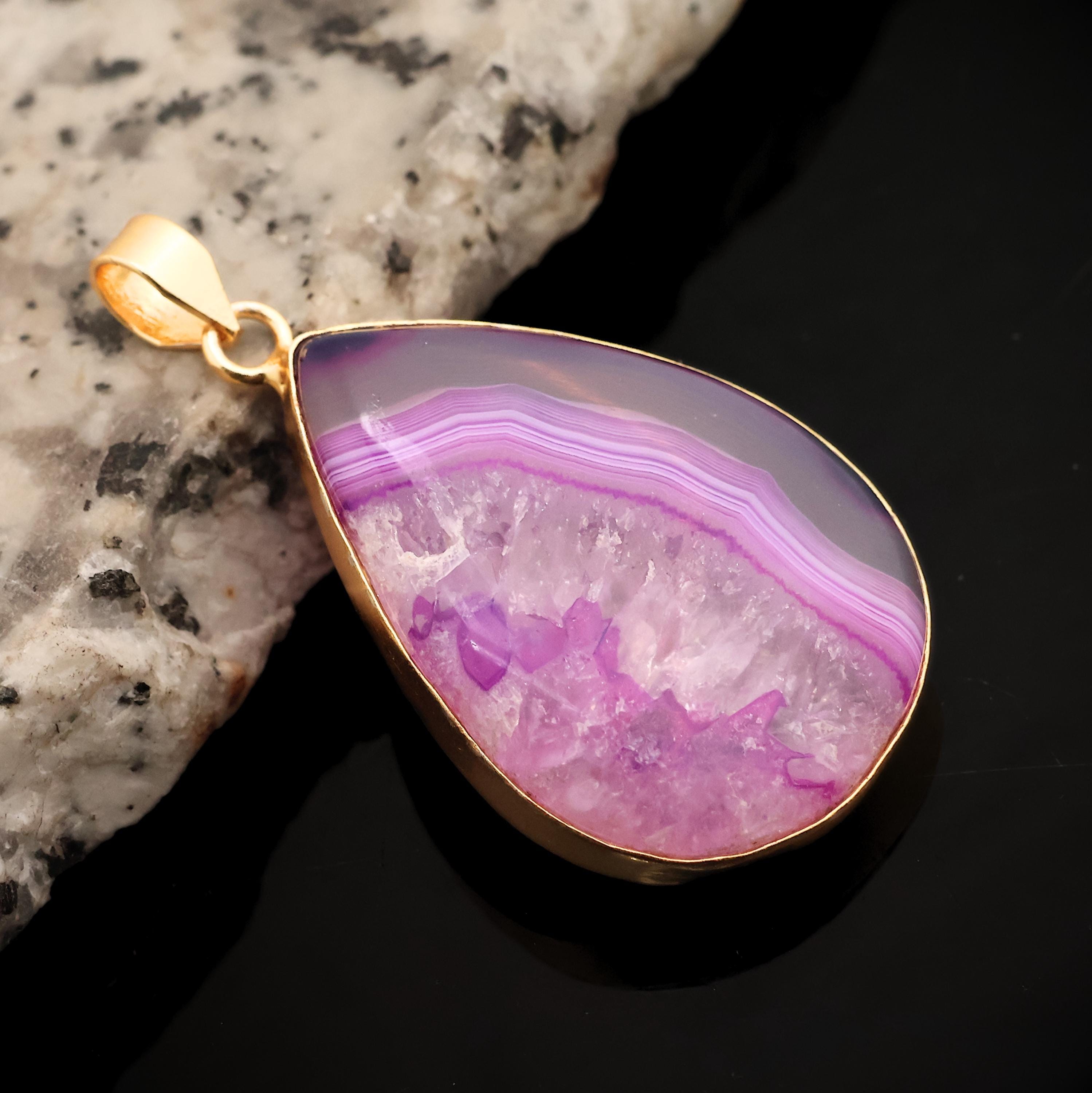 Pink Banded Agate Pendant | 18k Gold Plated Pendant | Handmade Brass ...