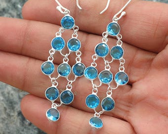 Elegant Blue Topaz Drop Earrings – Silver Filled, Faceted Gemstones, Dangle Earrings, Gift for Her, Handmade Jewelry